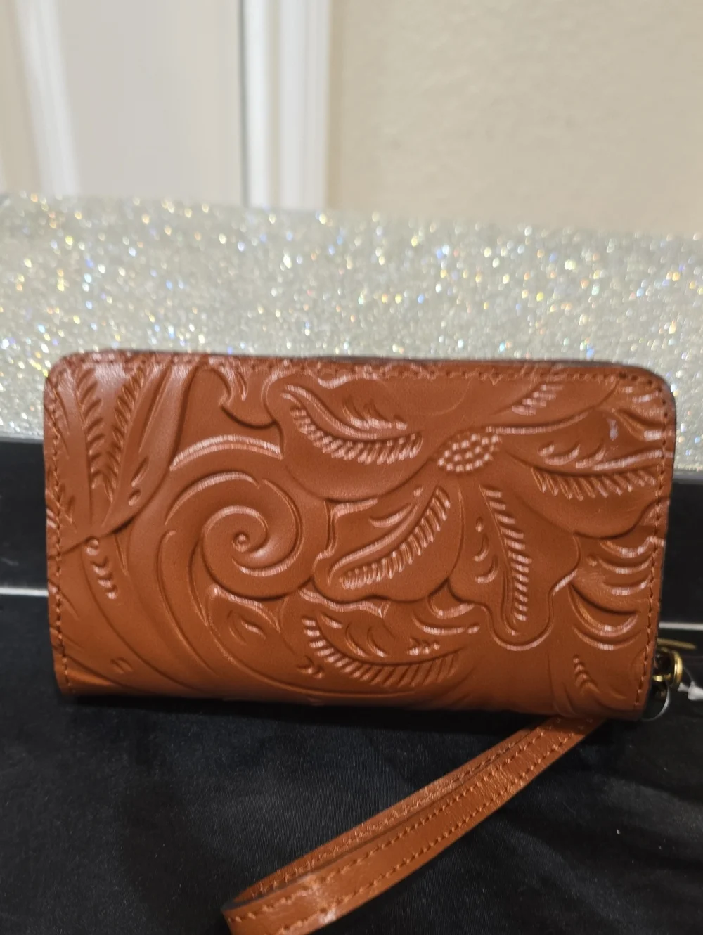 Patricia Nash Embossed Leather Wristlet Wallet in Cognac